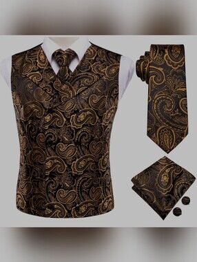 Gold Paisley Double Breasted Vest Tie Cufflinks Set • 42R/Large